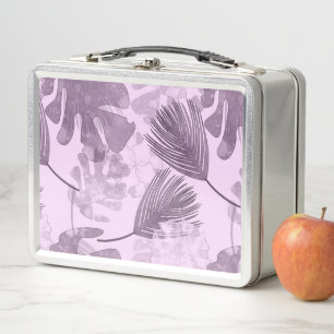 Lilac tropical leaves. metal lunch box