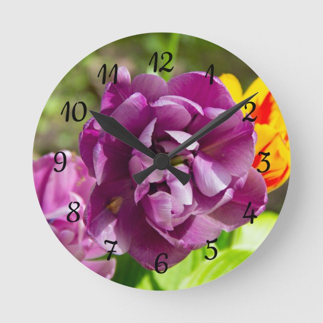 Lilac tulips on a sunny day  round clock (Front)