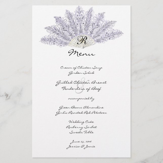 Lilac Vintage Feather Fan Wedding Menu (Front)