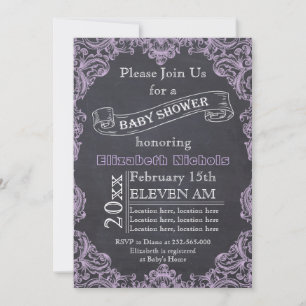 Lilac vintage frame and chalkboard baby shower invitation