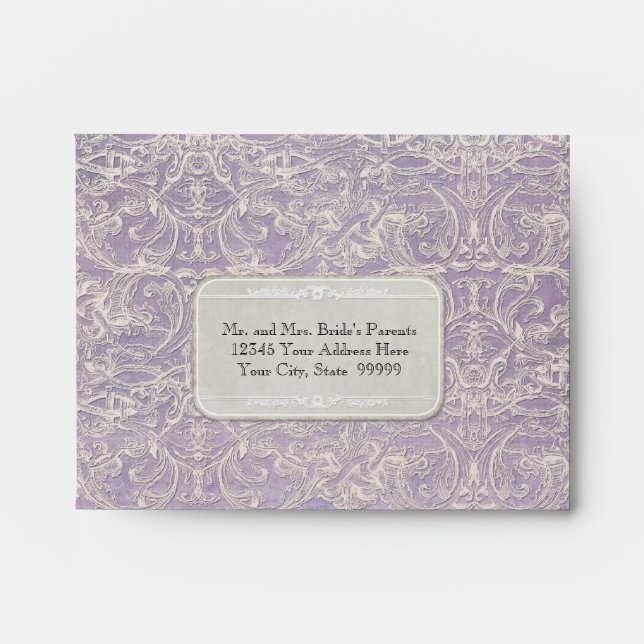 Lilac Vintage French Regency Lace Etched Wedding Envelope (Front)