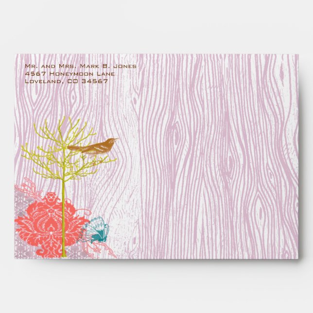 Lilac Vintage Wood Grain Tree Bird Damask Envelope (Front)