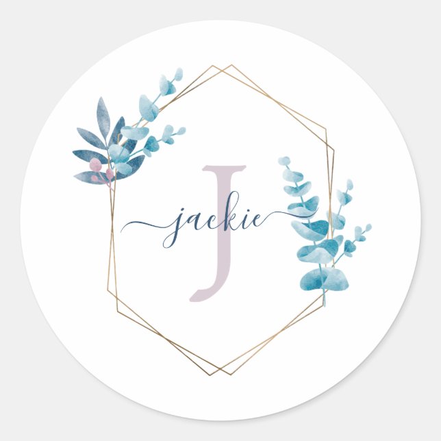 Lilac Watercolor Eucalyptus Frame Monogram Classic Round Sticker (Front)