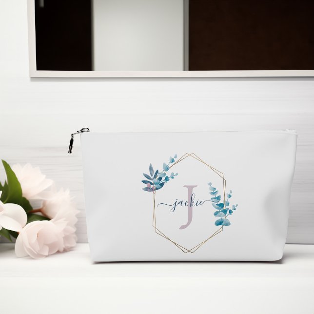 Lilac Watercolor Eucalyptus Frame Monogrammed Accessory Pouch (Creator Uploaded)