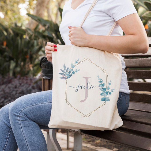 Lilac Watercolor Eucalyptus Frame Monogrammed Tote Bag (Creator Uploaded)
