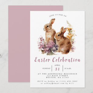 Lilac Watercolor Floral Bunny Easter Invitation