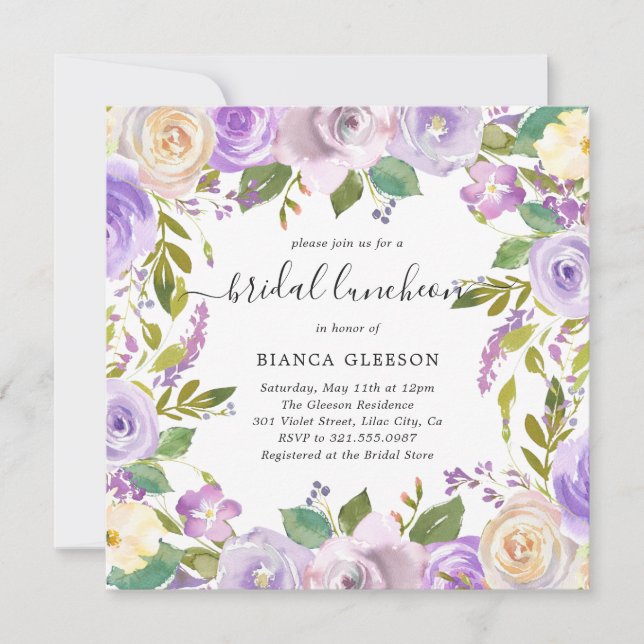 Lilac Watercolor Floral Elegant Bridal Luncheon Invitation (Front)