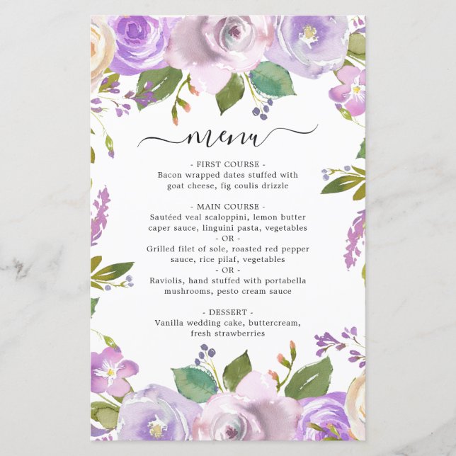 Lilac Watercolor Floral Elegant Wedding Menu (Front)