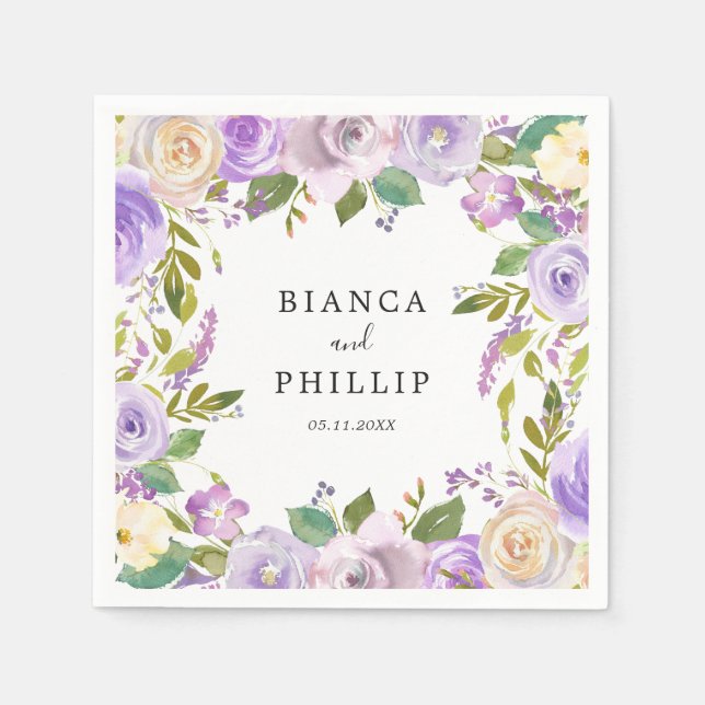 Lilac Watercolor Floral Elegant Wedding Napkin (Front)