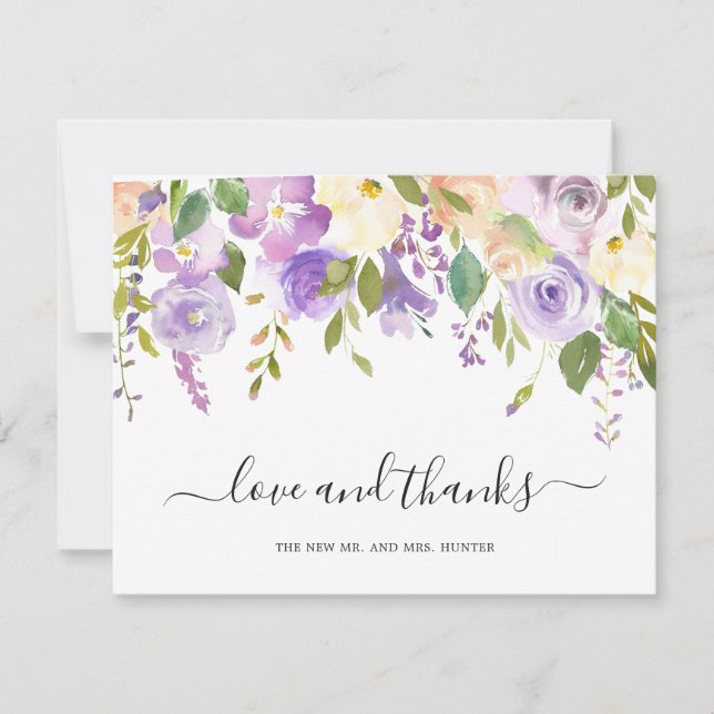 Lilac Watercolor Floral Elegant Wedding Thank You Card (Front)