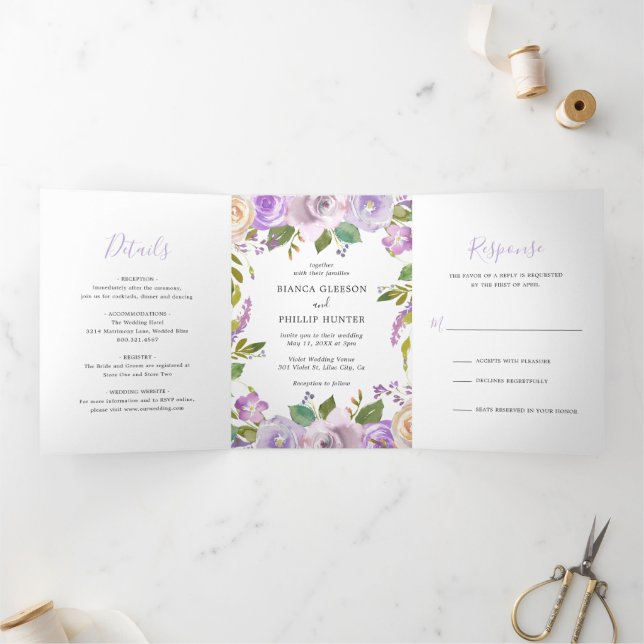 Lilac Watercolor Floral Elegant Wedding Tri-Fold Invitation (Inside)
