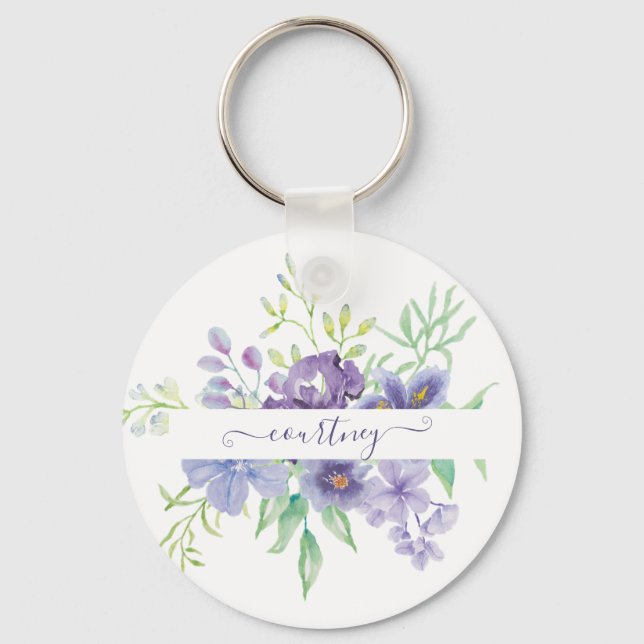 Lilac watercolor floral personalised  key ring (Front)
