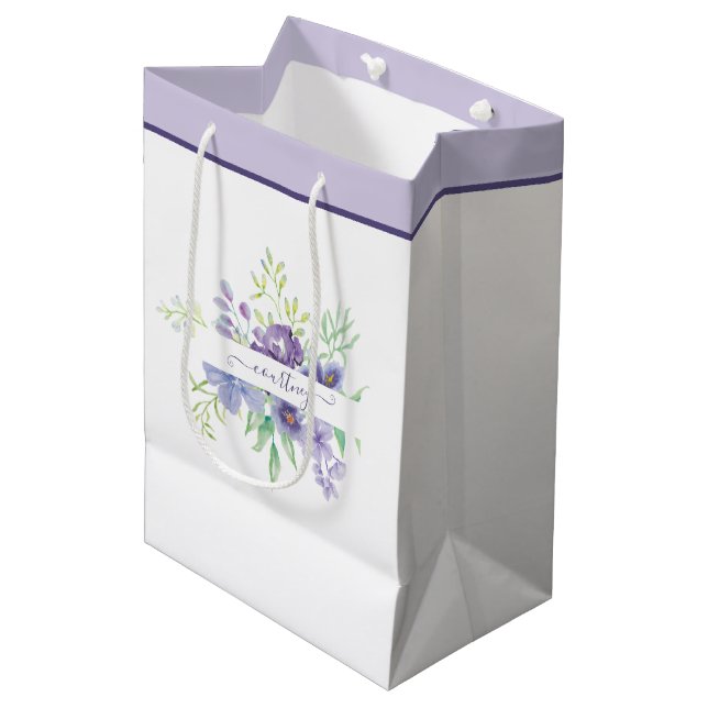 Lilac watercolor floral personalised  medium gift bag (Front Angled)