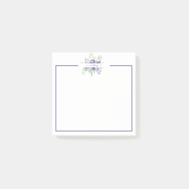 Lilac watercolor floral personalised post-it notes (Front)