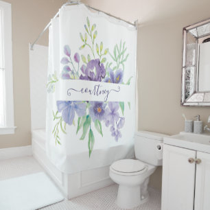 Lilac watercolor floral personalised  shower curtain