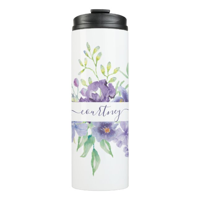 Lilac watercolor floral personalised  thermal tumbler (Front)