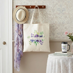 Lilac watercolor floral personalised  tote bag