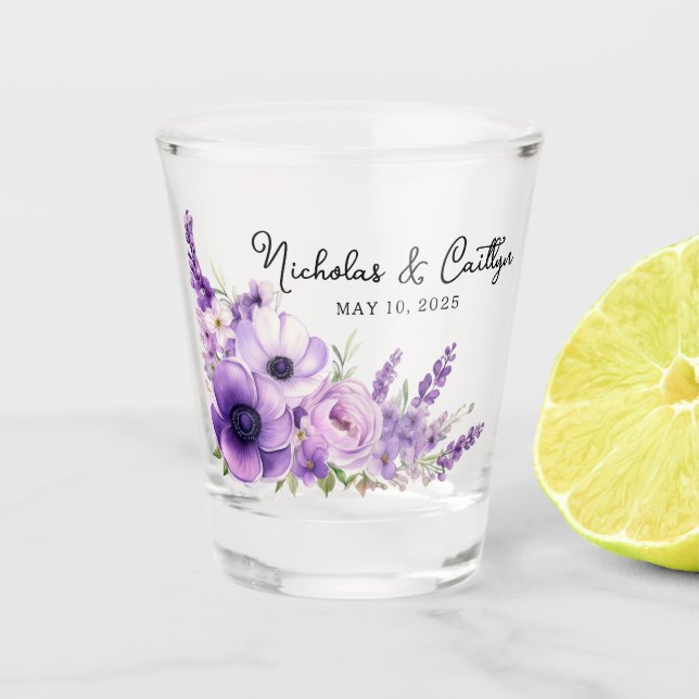 Lilac Watercolor Floral Wedding Bridal Shower  Shot Glass (Front)