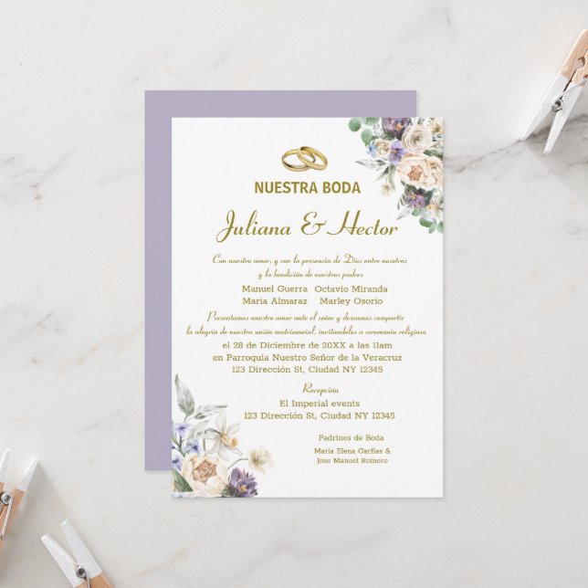 Lilac Watercolor Floral Wedding Invitation (Front/Back In Situ)
