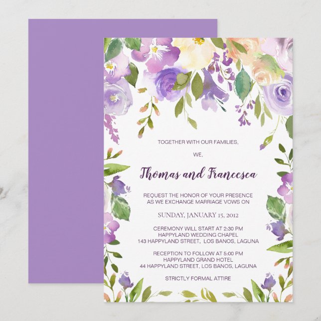 Lilac Watercolor Floral Wedding Invitation (Front/Back)