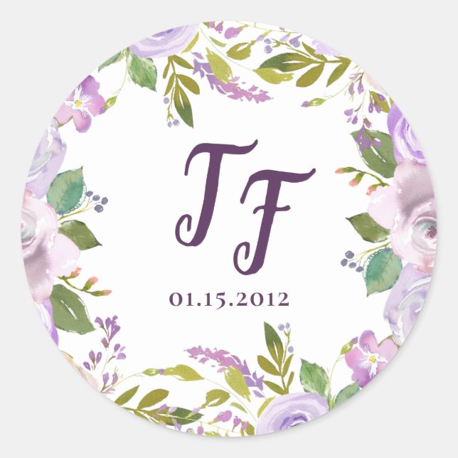 Lilac Watercolor Floral Wedding Stickers (Front)