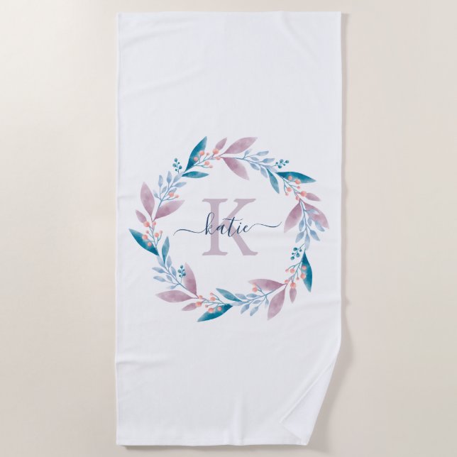 Lilac Watercolor Floral Wreath Monogram  Beach Towel (Front)