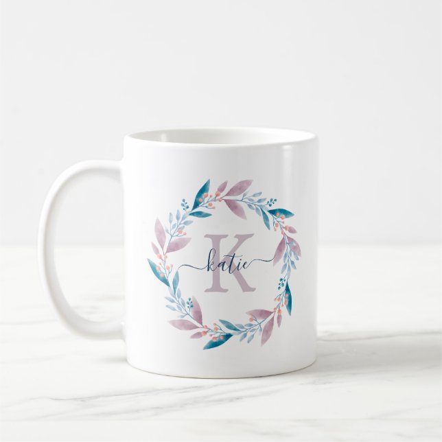 Lilac Watercolor Floral Wreath Monogram Coffee Mug (Left)