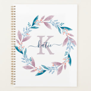 Lilac Watercolor Floral Wreath Monogram Planner