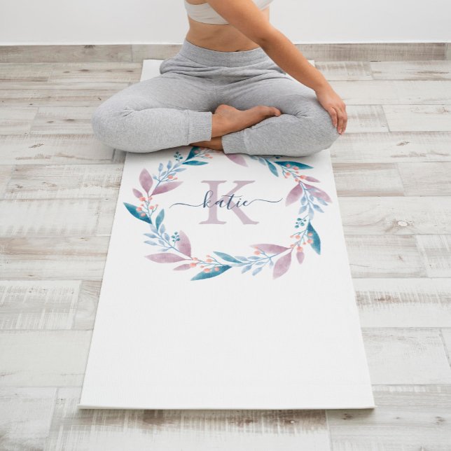 Lilac Watercolor Floral Wreath Monogram Yoga Mat (Creator Uploaded)