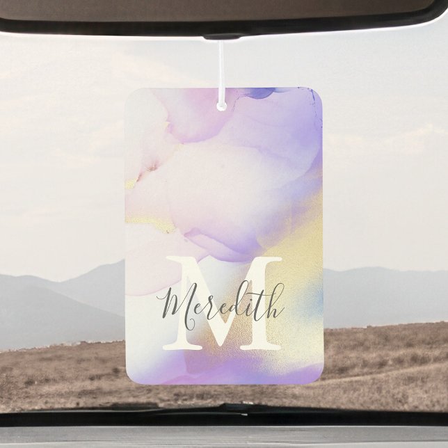 Lilac Watercolor Gold Abstract Monogram Name Car Air Freshener (Creator Uploaded)
