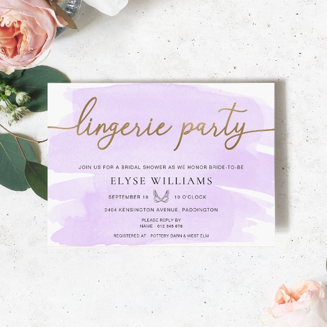 Lilac Watercolor Gold Lingerie Party Bridal Shower Invitation (Lingerie Party Bridal Shower Invitation Purple lilac Watercolour Gold )
