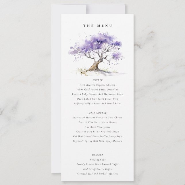 Lilac Watercolor Jacaranda Tree Wedding Menu card (Front)