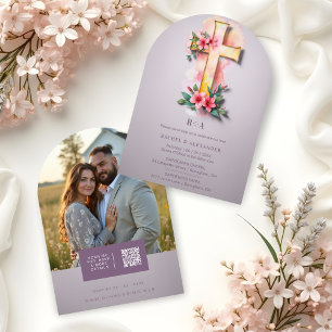Lilac Watercolor Pastel Floral Cross-Shape Wedding Invitation