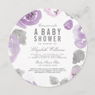 Lilac Watercolor Roses Baby Shower Round Invite