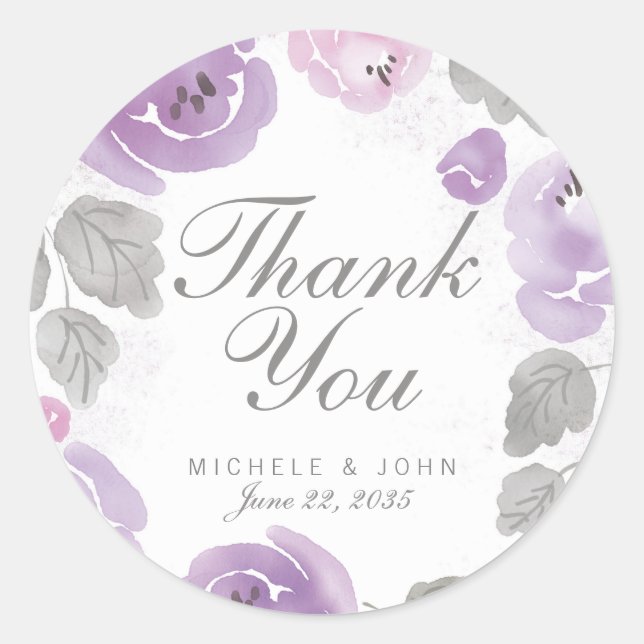 Lilac Watercolor Roses Thank You Favour Stickers (Front)