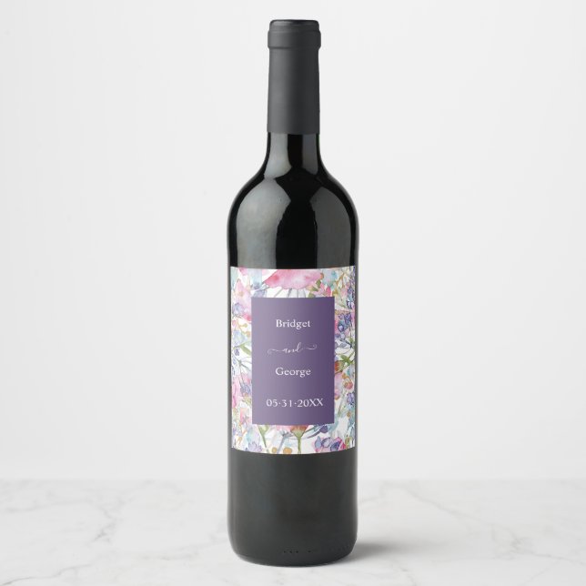 Lilac Watercolor Wildflower Greenery Foliage  Wine Label (Front)