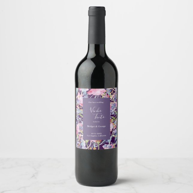 Lilac Watercolor Wildflower Greenery Foliage Wine Label (Front)