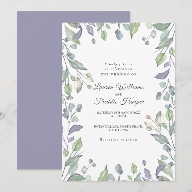 Lilac Watercolour Floral Wedding Invitation (Front/Back)
