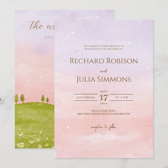 LILAC Wedding Invitation / Watercolor Purple Pink (Front/Back)