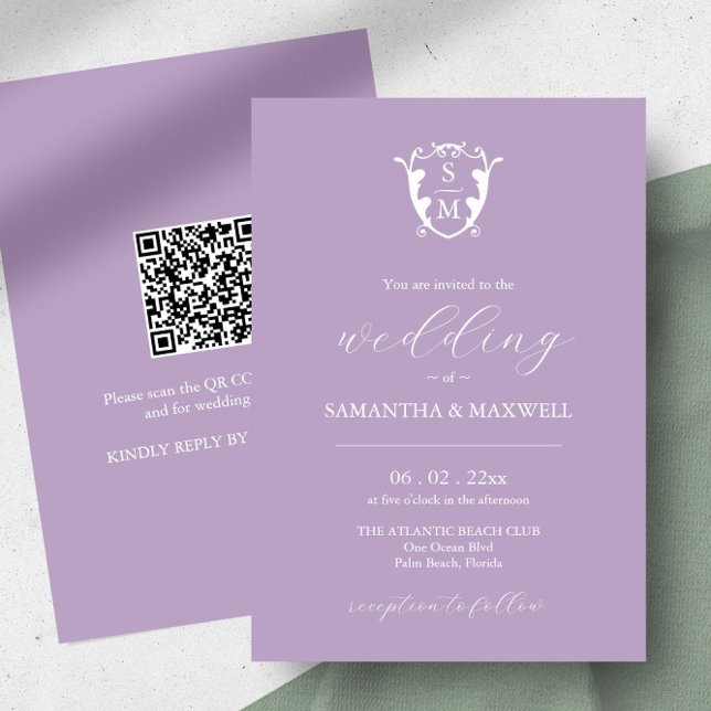 Lilac Wedding Invitation with QR Code (Wedding Invitations Lavender monogram QR code crest art by Victoria Grigaliunas of Do Tell A Belle)
