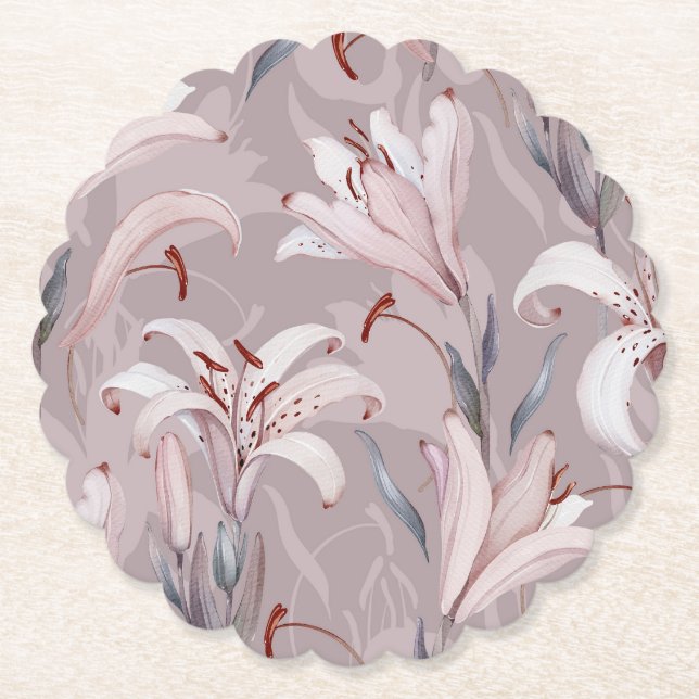 Lilac Wedding Paper Coaster with White Lilies (Front)