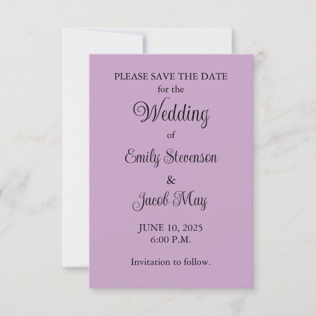 Lilac Wedding Save the Date Card (Front)