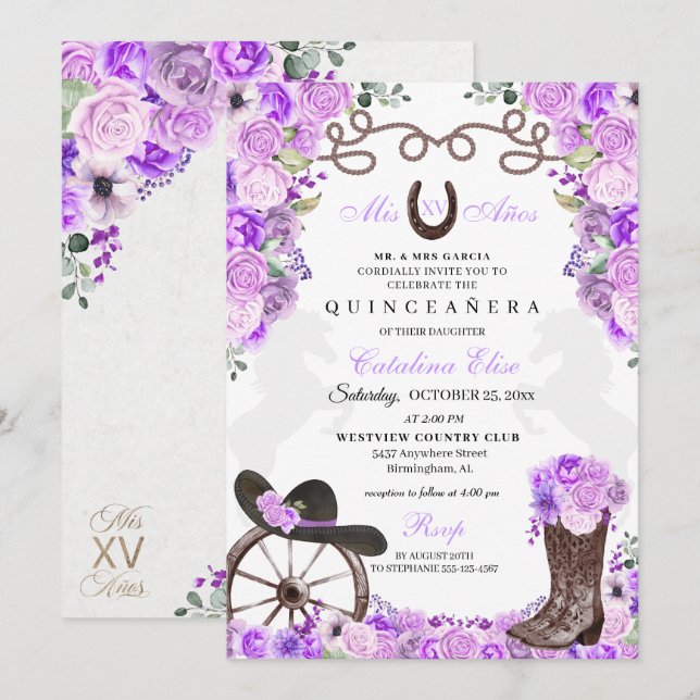 Lilac Western Charra Ranchero Quinceanera Invitation (Front/Back)