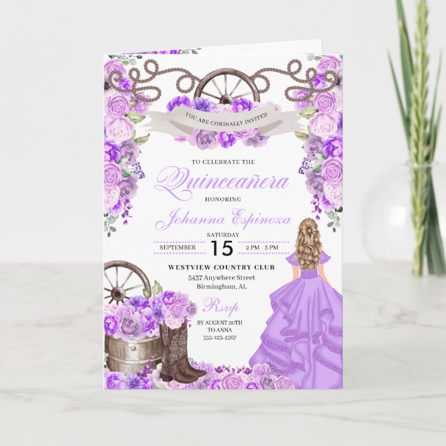 Lilac Western Charro Bi-Fold Quinceanera Invitation (Front)