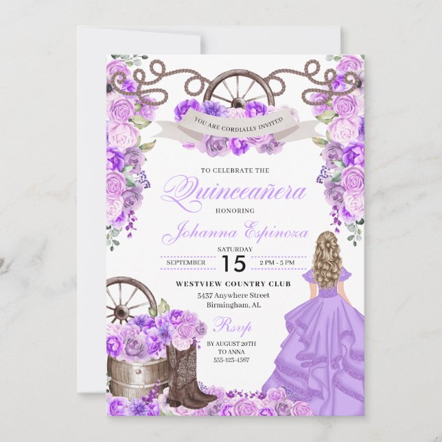 Lilac Western Cowgirl Boots Ranchero Quinceanera Invitation (Front)
