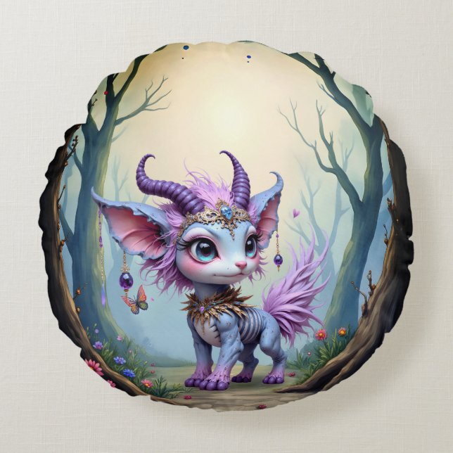 Lilac Whisper – Enchanted Forest Guardian.  Round Cushion (Front)