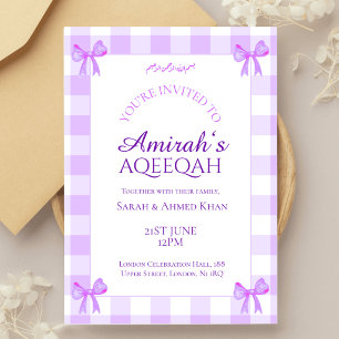Lilac White Gingham Baby Girl Muslim Aqeeqah Aqiqa Invitation