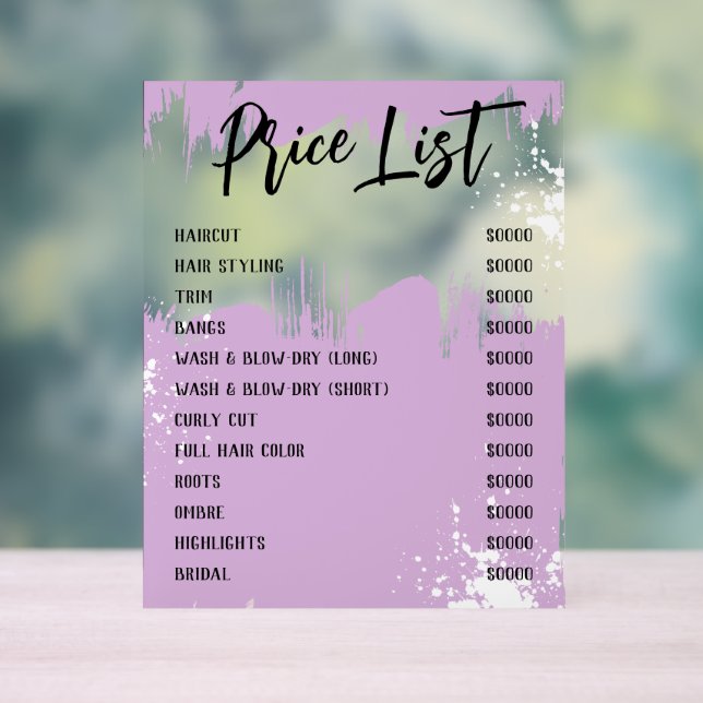 Lilac White Paint Spatter Chic Salon Price List Acrylic Sign (Neutral)
