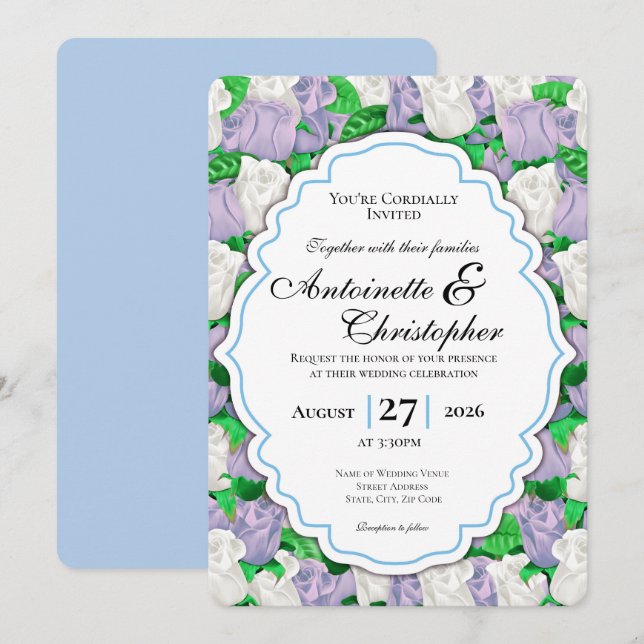 Lilac & White Rose Wedding Invite with Blue Border (Front/Back)