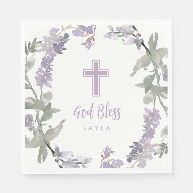 Lilac Wild Flower Wreath & Cross Baptism God Bless Napkin (Front)